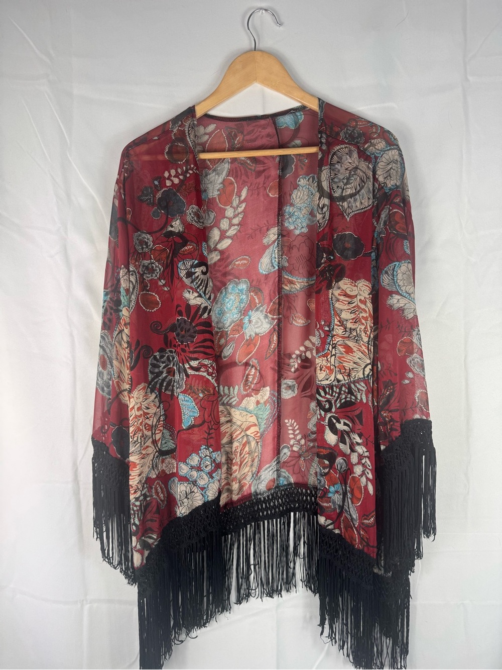 Boho vintage Red Floral Fringe Kimono